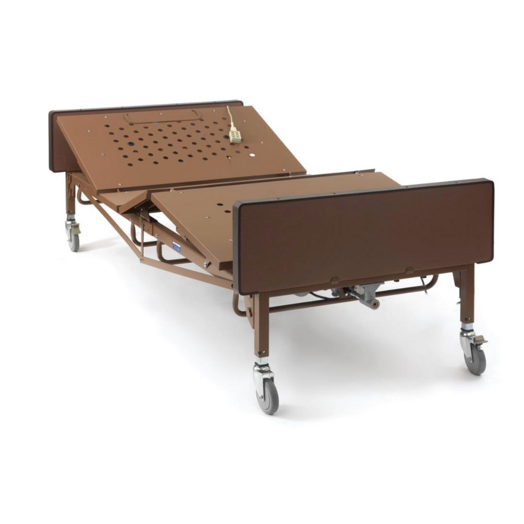 The Medline Bariatric Full Electric Homecare Bed is a brown adjustable frame with wheels and a heavy-duty pan deck for durability. The raised head section and visible electric cord offer easy adjustment for enhanced patient comfort. Mattress not included.